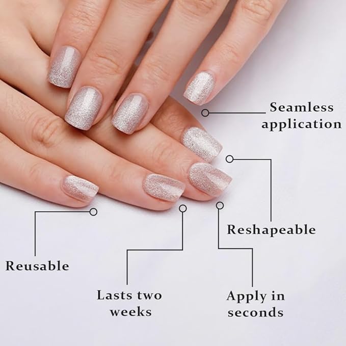 evpct Nude Cat Eye Extra Short Press on Nails Square, Petite Short Square Glue on Nails for Women Gift, Champagne Metallic Glitter Glossy Reusable Stick Gel Press on Acrylic Fake Nail with Designs