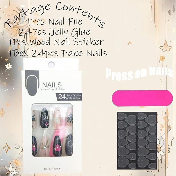Halloween Press on Nails Medium Almond Fake Nails Gothic Bat Acrylic Nail Full Cover Bow Cat False Nail with Rhinestones Design Skeleton Heart Glue on Nail Halloween Nails Press on for Women 24Pcs
