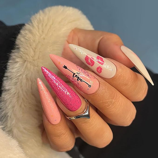 Yivaiks Pink Stiletto Press on Nails Extra Long Fake Nails With Designs Valentines Day Full Cover Artificial Nail Sharp Pointed Glue on Nails Acrylic Stick on False Nail Tips for Women