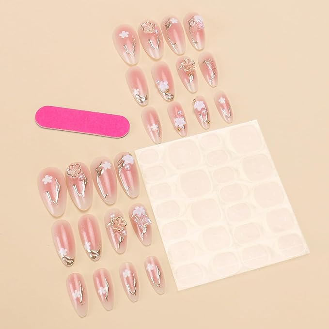 24Pcs Almond Press on Nails Medium Stiletto Fake Nails Flower Butterfly Charms Glue on Nails French Nails Tip False Nails Gradient Pink Stick on Nails Reusable Artificial Acrylic Nails for Women