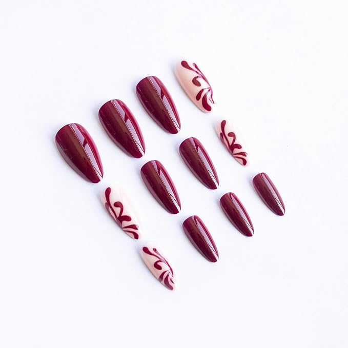 Press on Nails Medium Almond Fake Nails Red Lace False Nails Glossy Acrylic Nails Wine Red Artificial Nails Full Cover Glue on Nails for Women Girls Manicure Nails Decoration 24Pcs