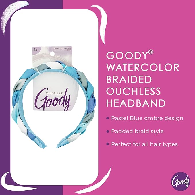 Goody Ouchless Headband For All Hair Types - Watercolor, Blue - Comfort Fit for All-Day Wear - Beautiful Design for Instant Style - Pain-Free Hair Accessories for Women, Men, Boys & Girls