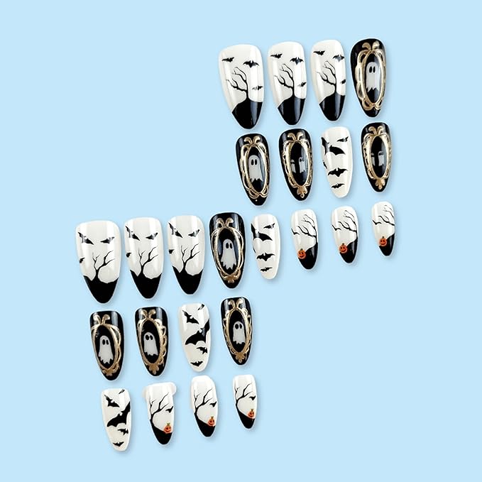 24Pcs Halloween Press on Nails Medium Almond Fake Nails Horror Bat Acrylic Nails with Glossy Scary Pumpkin Ghost Stick on Nails Full Cover Holiday False Nail Tips for Women Manicure Nail Decoration