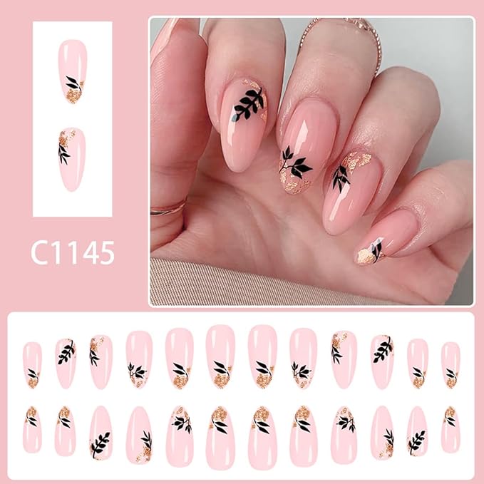 24Pcs Almond Press on Nails Medium Length Fake Nails Black Leaf with Designs False Nail Nude Pink Full Cover Fall Acrylic Nail Tips Glitter Cute Leaves Autumn Winter Stick on Nails for Women