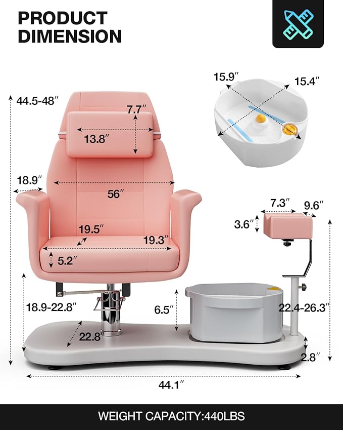 VARONXE Pedicure Chair for Nail Tech No Plumbing, Portable Pedicure Station for Foot Spa w/Pedicure Stand and Massage Foot Bath, Professional Gel Jelly Pedicure Chairs, Pink