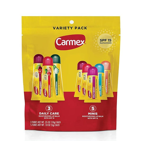 Carmex Daily Care and Daily Care Minis Moisturizing Lip Balm Pack, SPF 15, Multi-Flavor Lip Care Variety Pack Bag, 8 Count (3 Tubes, 5 Mini Tubes)