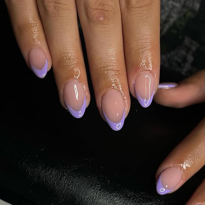 30Pcs Purple French Tip Press ons, Short Almond Nails Acrylic, Natural Stiletto Nails 15 Sizes