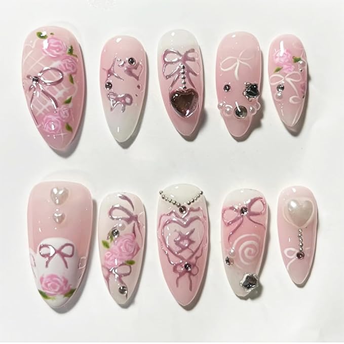 24pcs Pink Press on Nails Medium Almond Fake Nails with Star Heart Pearl Rhinestones Design Bow False Nails Flower Glue on Nails Cute Pink Bows Floral Acrylic Nails Full Cover Stick on Nails for Women