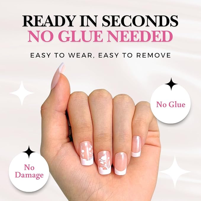 Perfect Look Press On Nails - Floral French | No Glue One-Day Medium Square Nails, Nude Glossy Nails with Flower Tips - 24 Pcs Nail Kit with Adhesive Tabs