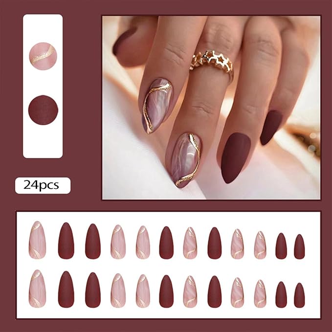 Gold Line Marble Press On Nails - Reusable, Opaque, Almond Shaped Acrylic Nails with Glue for Women's Nail Decoration