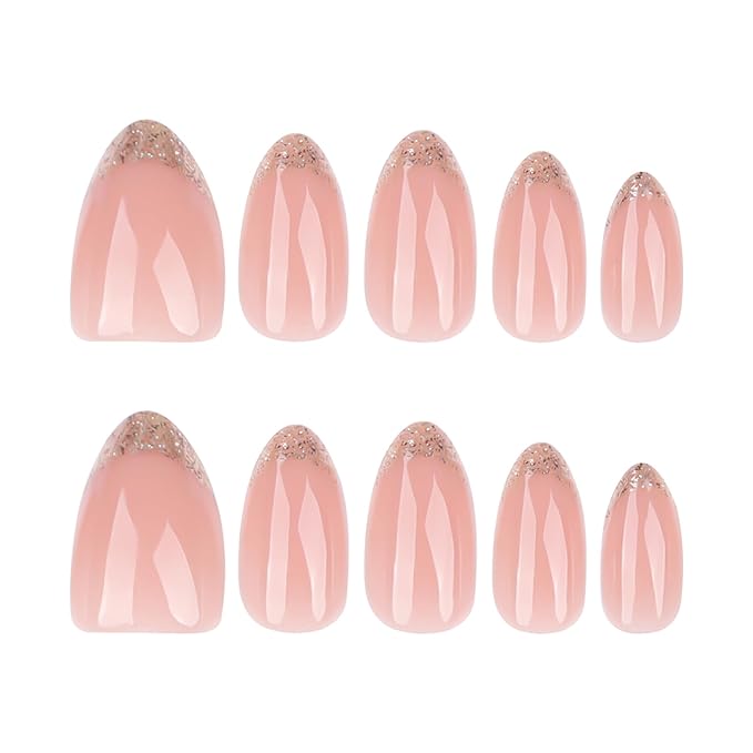 Press On Nails Spring Acrylic Nails for Women - Gold French Glitter Designer Fake Nails Short Almond 24PCS, Glossy Soft Gel with Glue, Outdoor Picnic/Wedding/Party Reusable Stick On Nails