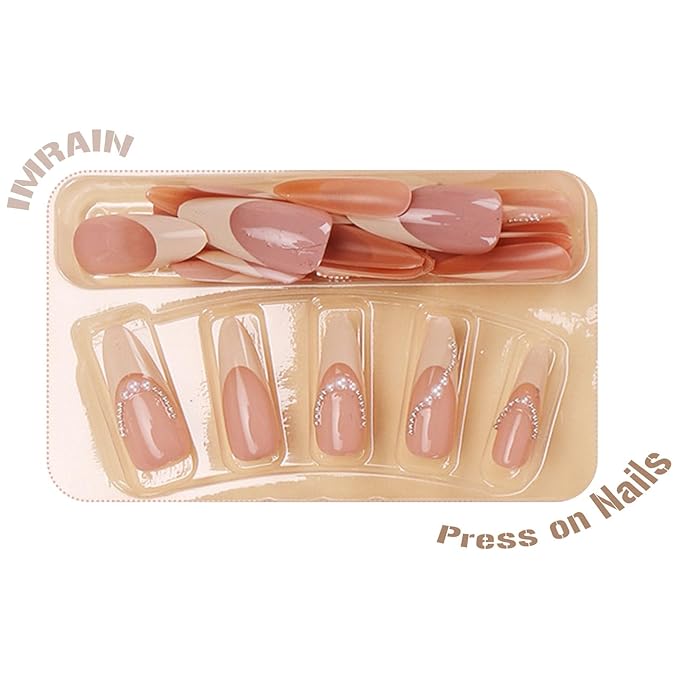 IMRAIN Press on Nails Long Stiletto Fake Nails Pearl French Tips False Nails Glossy Full Cover Glue on Artificial Nails for Women Girls 24Pcs