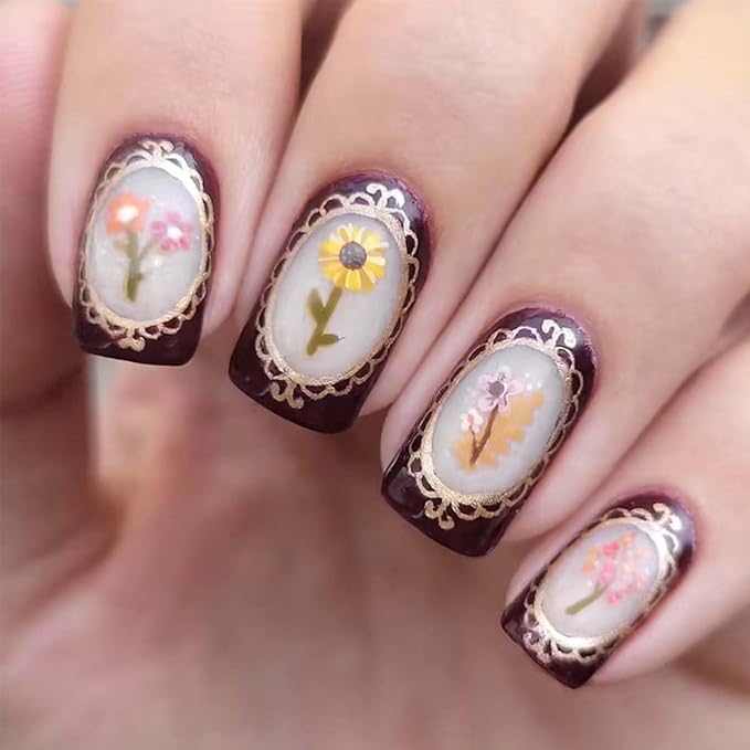 Square Press on Nails Medium Fake Nails Brown False Nails with Sunflower Design Cute Acrylic Nails Full Cover Artificial Nails Glossy Floral Glue on Nails Stick on Nails for Women 24Pcs