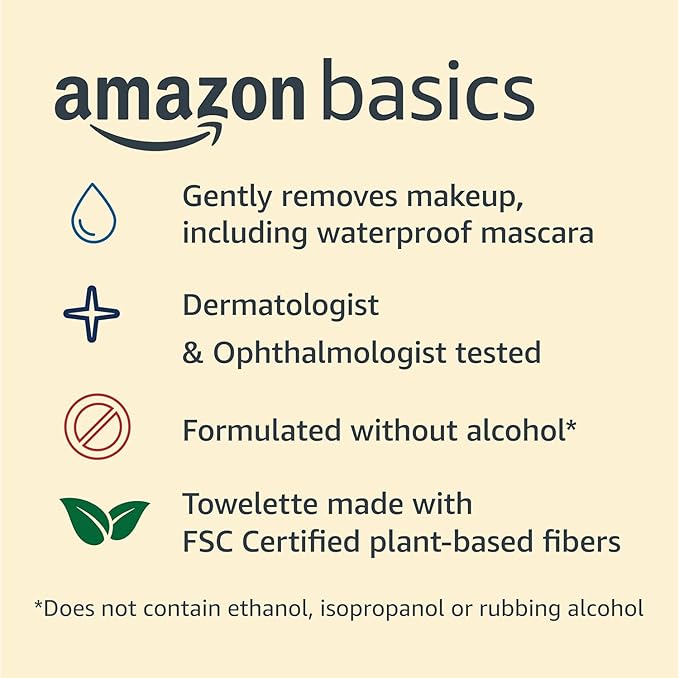 Amazon Basics Makeup Remover Wipes, Gentle Cleansing, Dermatologist Tested, Original, Plant Based, Alcohol-Free, Removes Waterproof Mascara, 25 Count Per Pack, Pack of 1