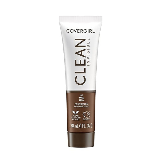 COVERGIRL Clean Invisible Foundation Makeup, Dewy & Glowy Natural Finish, Buildable Coverage, Skin-Like Smooth Look, Vegan, Java, 1oz
