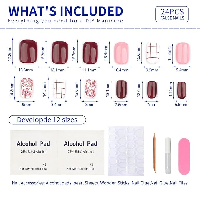 Press On Nails Short Square, Pink Fake Nails with Multicolored Nails and a Blend of Vintage and Romantic Designs, Glossy Gel Finish, Durable Reusable Acrylic Press On Nails Kit for Women