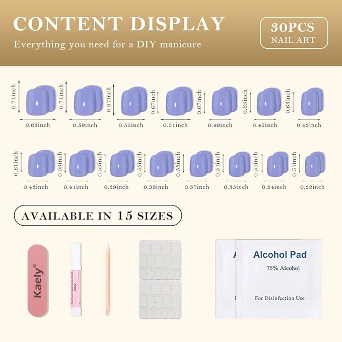 evpct Blue Glossy Press on Nails Short Square, Glossy Blue Fake Nails Summer Reusable, Acrylic False Nail Stick Glue on Press ons for Women Gifts, Perfectly Fit Durable False Nail Kit with Glue 30Pcs