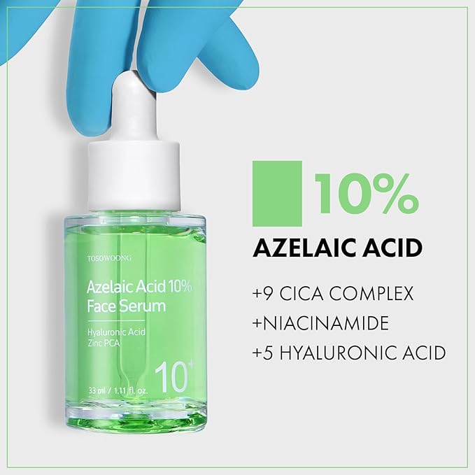 TOSOWOONG Azelaic Acid 10% Face Serum, Rosacea care, Redness Soothing and Blemish, Centella Asiatica for Acne-prone, Niacinamide, Hyaluronic Acid, Korean Skincare, Natural Color, 33 ml / 1.11 fl. oz.