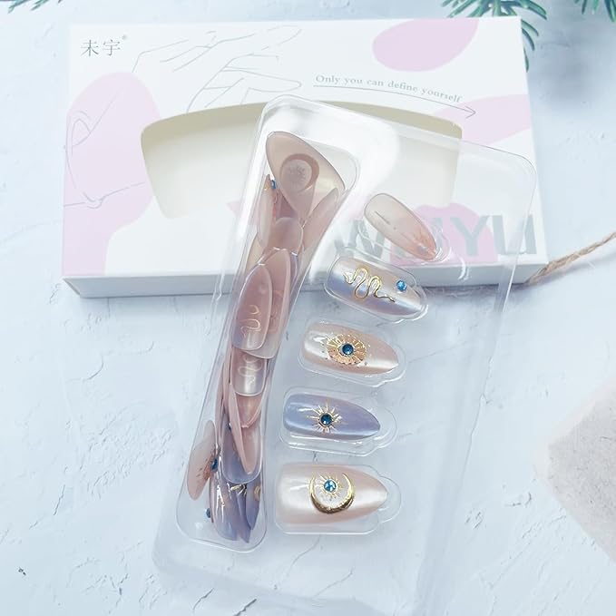 Almond Press on Nails Medium Nude Fake Nails 3D Gold Nails Design Star Moon Rhinestones False Nails Glossy Glue on Nails Artificial Full Cover Stick on Nails for Women Girls Acrylic Manicure 30Pcs