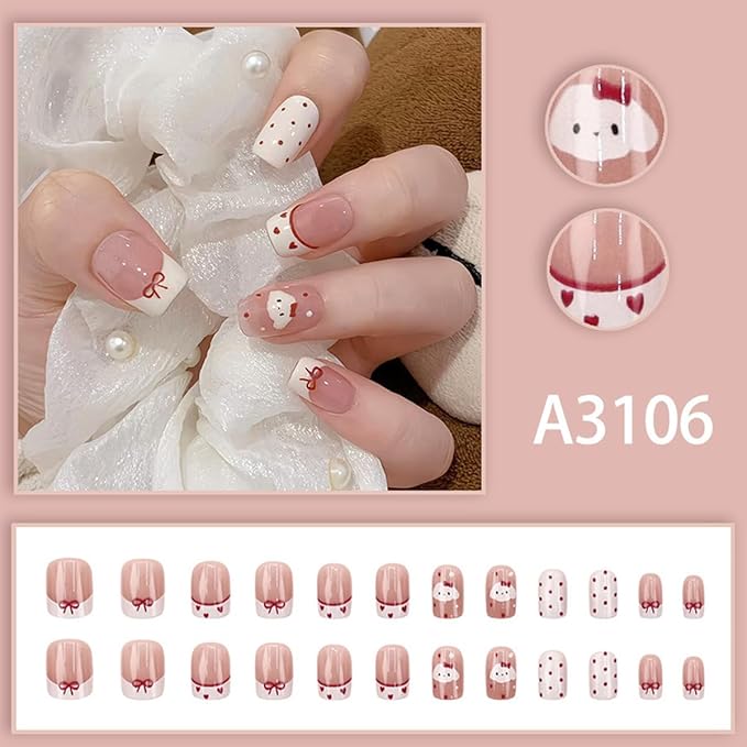 French Tip Press on Nails Short Square Fake Nails Glossy White Tie Bow False Nails Cute Acrylic Glue on Nails Heart False Nails Reusable Stick on Nails for Women Girls Nail Art Kit 24pcs