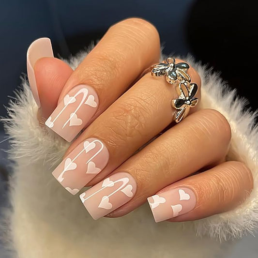 Yivaiks White Acrylic Press on Nails Valentines Day Glue on Nails Short Fake Nails Heart Stick on Nails Full Cover Artificial Nails Press ons Short Nails Kit 24pcs