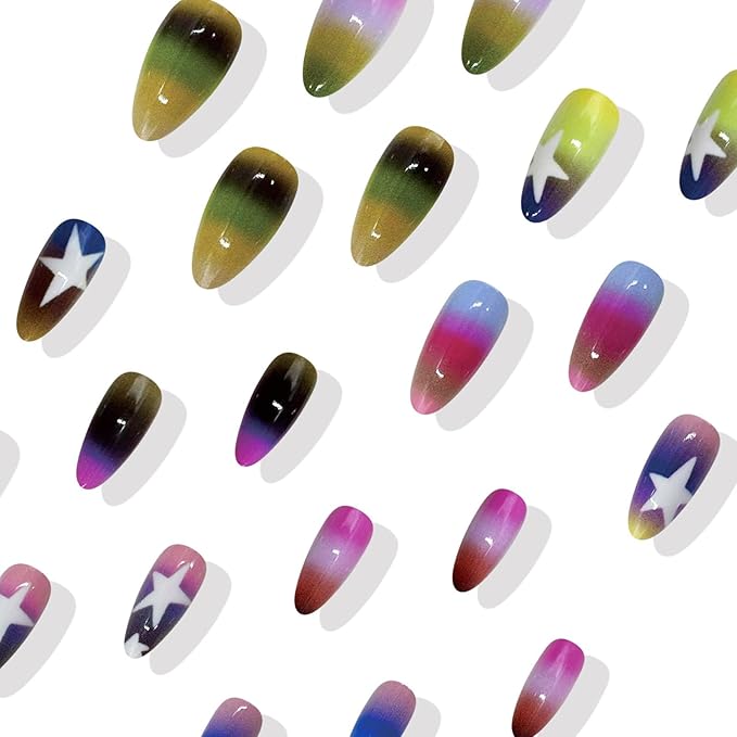 IMRAIN Press on Nails Medium Almond Fake Nails Rainbow Gradient False Nails with Star Designs Full Cover Colorful Ombre Glossy Glue on Nails Acrylic Y2K DIY Nail Art Stick on Nails 24Pcs