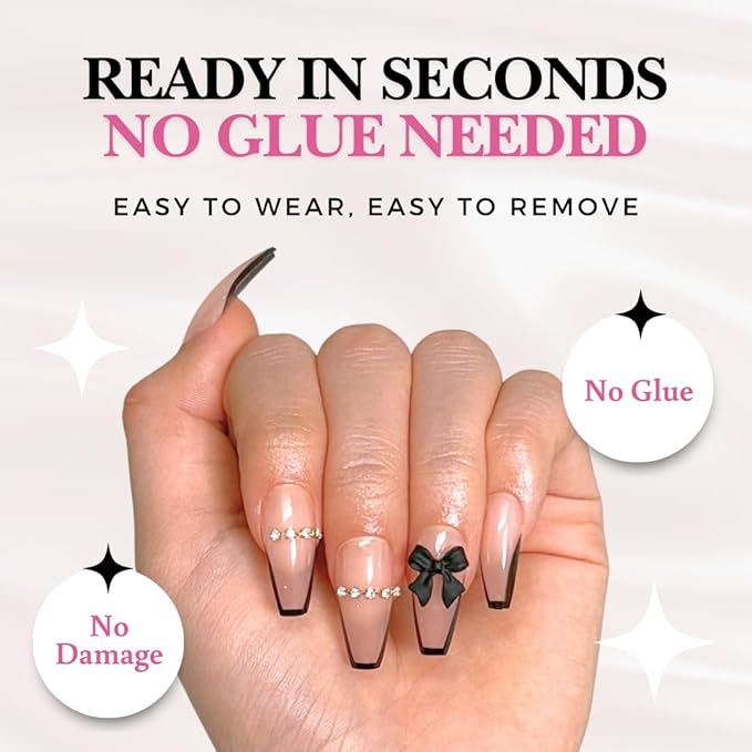 Perfect Look Press On Nails - Bow French | No Glue One-Day Long Coffin Nails, Black French Nude Nails with 3D Bow - 24 Pcs Nail Kit with Adhesive Tabs