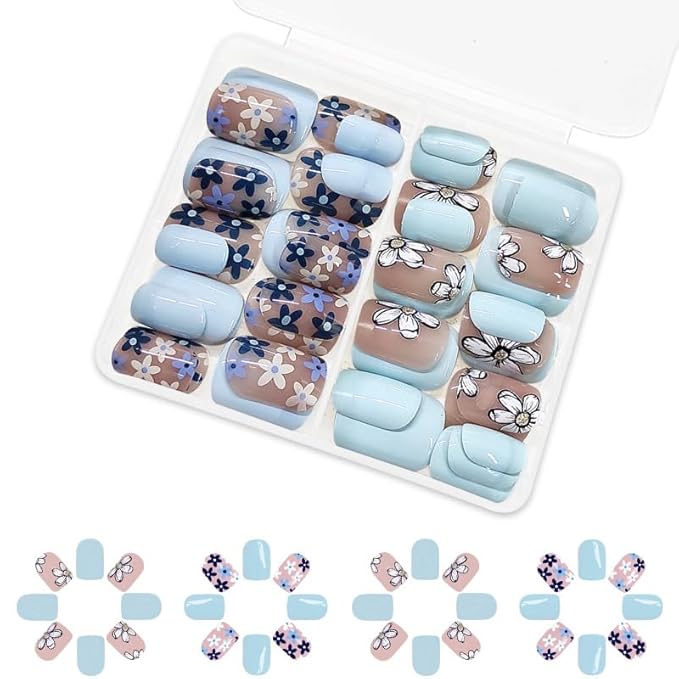 2 Packs 48Pcs Spring Flowers Press on Nails Short Square Fake Nails Blue Floral False Nails Squoval Artificial Acrylic Nails with Design Glossy Nails Press ons for Women Manicure Art Decoration Set