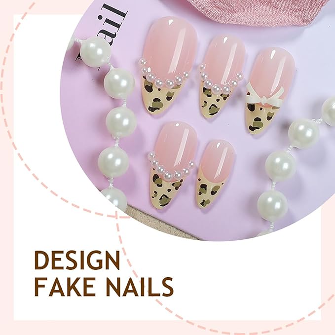 24Pcs Leopard Print French Tip Press on Nails Medium Almond Fake Nails Bow Glue on Nail 3D Pearl Gems Cute False Nails French Stick on Nail Bow Artificial Acrylic Nails for Women Daily Manicure Decor