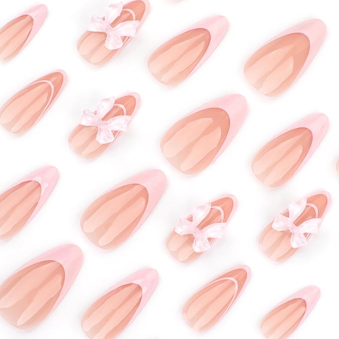 24Pcs French Press on Nails Medium Almond Fake Nails with 3D Bow Rhinestones Pink French Tip Design False Nails Pink Bow Charms Acrylic Stick on Nails Artificial Fingernails Nails Press ons for Women