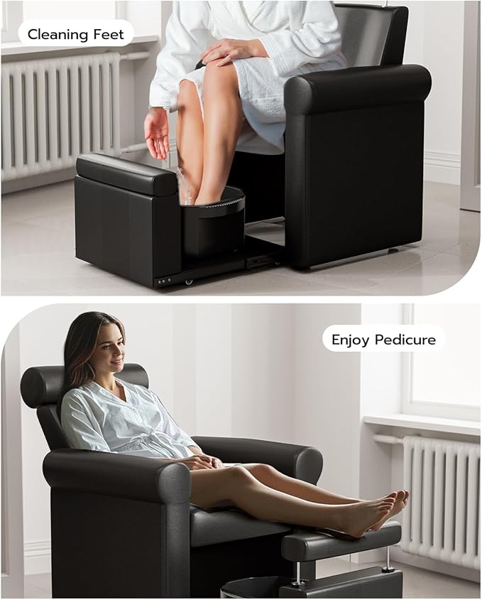 VARONXE Icoget Professional Pedicure Chair No Plumbing for Nail Tech, Reclining SPA Pedicure Station w/Adjustable Footrest & Headrest, Retractable Base Unite for Small Space, Black