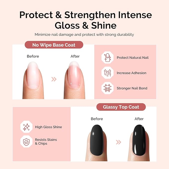 MelodySusie No Wipe Glossy Top Coat Base Coat Blooming Gel Set Long Lasting Shine Finish Soak Off UV LED Nail Lamp Nail Art Design Manicure Kit Perfect Gifts for Women Girls 3 Pcs 15ml Clear