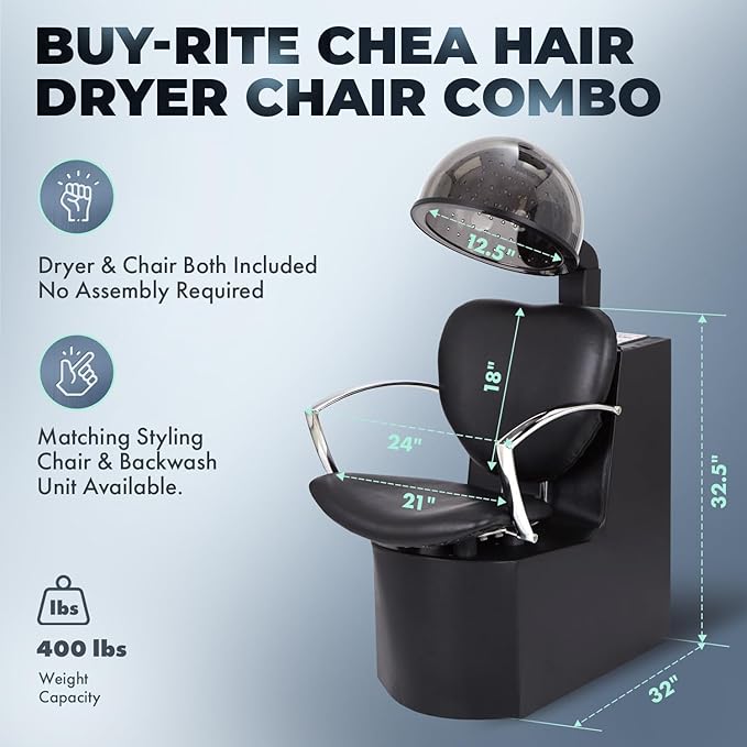 Buy-Rite Chea Hair Dryer Chair with 980W Salon Dryer - Extra-Wide Seat, 4 Heat Settings, Timer, Metal Arms, Modern Design, No Assembly Required, Pro Salon Combo, OD-6918DCHL-1500