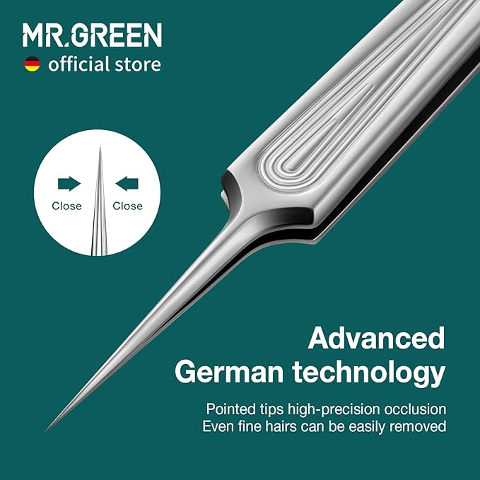 MR.GREEN Ingrown Hair Tweezers Needle Nose Pointed Tips Tweezers For Eyebrows Splinters Blackhead Removal Acne Clip Extractor (Short)
