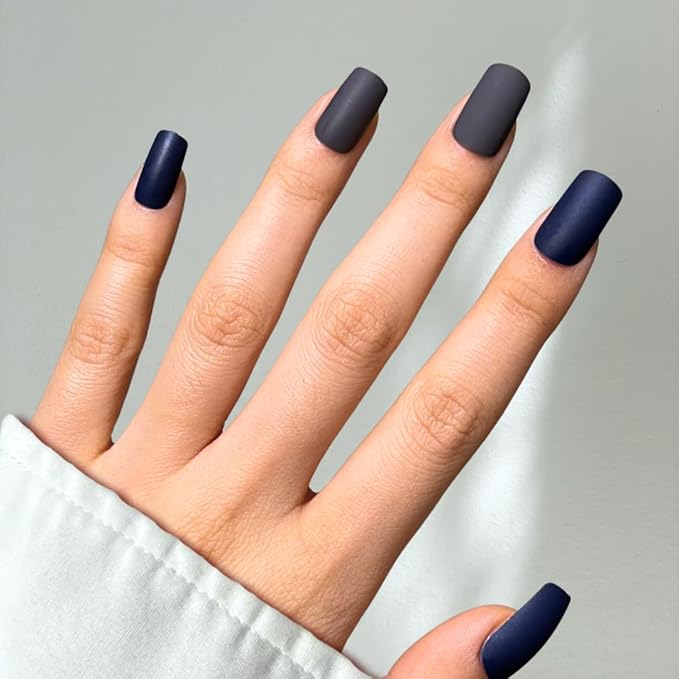 Perfect Look Press On Nails - Midnight Matte | No Glue One-Day Medium Square Nails, Matte Dark Grey & Navy Blue Fake Nails - 24 Pcs Nail Kit with Adhesive Tabs