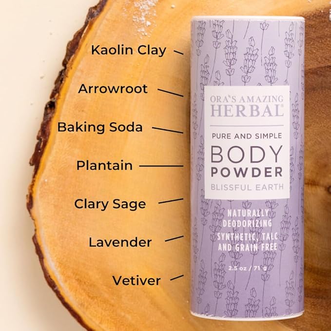 Ora's Amazing Herbal Natural Body Powder, 2.5 ounces Pack of 3, Dusting Powder No Talc, Corn, Grain or Gluten Blissful Earth Scent (Essential Oil Only No Synthetic Fragrance) non GMO Made In The USA