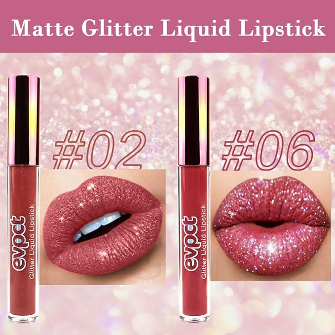 eevpct 2Pcs Mauve Red & Wine Red Matte to Glitter Liquid Lipstick Set Kit for Women Long Lasting Glossy Metallic Shimmer Sparkle Lipstick Lip Gloss 2+6