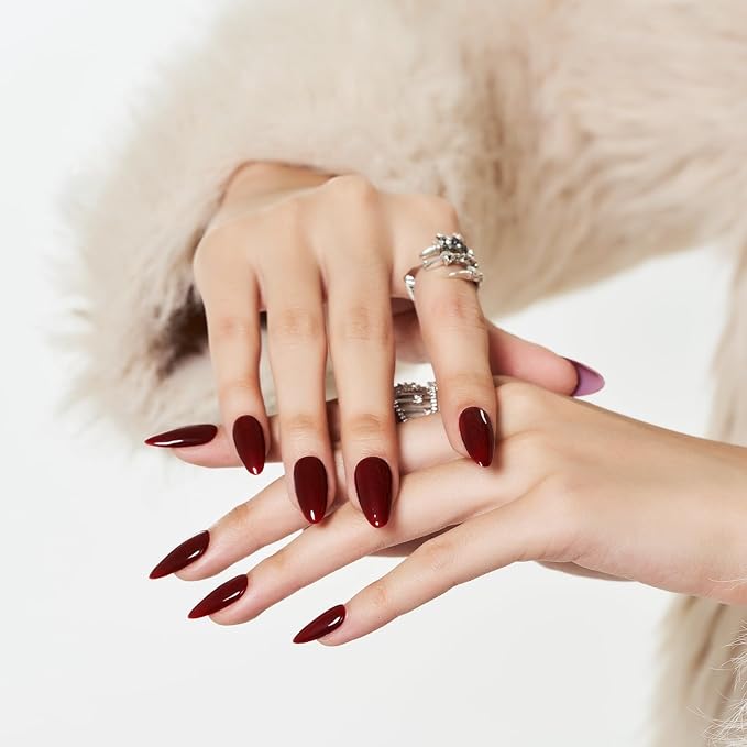 Wine Red Press On Nails, Medium Length Almond False Nails Glossy Fake Nails 24Pcs Stick On Nails Kit Solid Color Almond Full Cover Artificial Glue On Nails for Women and Girls