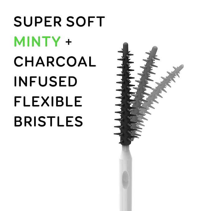 Grin Charcoal Infused Softstx, Gentle Dental Picks, 90 Count, Soft Flexible Bristles, Textured Plaque Removing Toothpick, Minty Flavor, for Between Teeth, Refillable Hygienic Case
