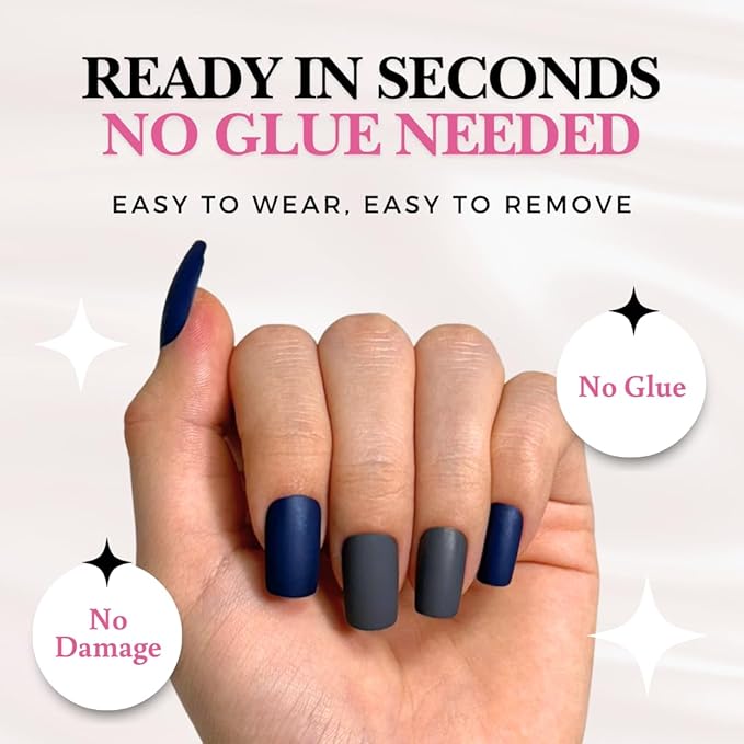 Perfect Look Press On Nails - Midnight Matte | No Glue One-Day Medium Square Nails, Matte Dark Grey & Navy Blue Fake Nails - 24 Pcs Nail Kit with Adhesive Tabs