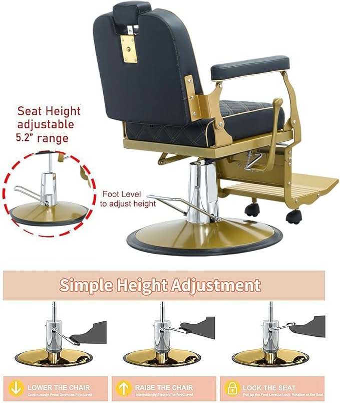 Kaleurrier Black and Gold Barber Chair: Professional Heavy Duty Recliner Salon Chair for Hair Stylist - Reclining Hydraulic Barber Shop Chairs for Home Hair Beauty Salon Massage Barbershop