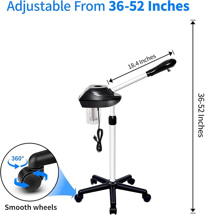 Professional Facial Steamer on Wheels, Facial Steamer for Facial Deep Cleaning, Facial Humidifier for Spa, Adjustable Height for Spa, Salon and at Home Use