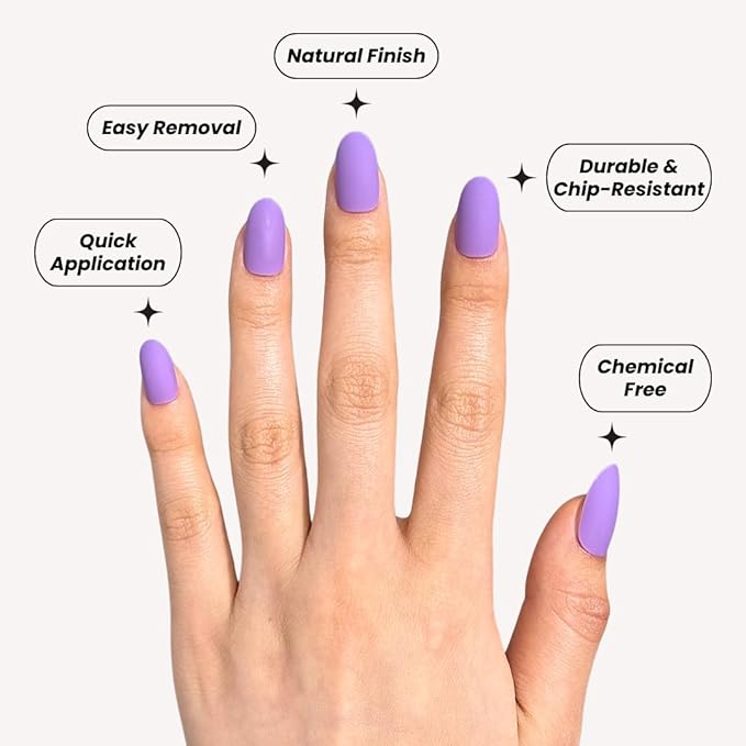 Perfect Look Press On Nails - Matte Orchid | No Glue One-Day Short Oval Nails, Matte Purple Style for Daily Chic - 24 Pcs Nail Kit with Adhesive Tabs
