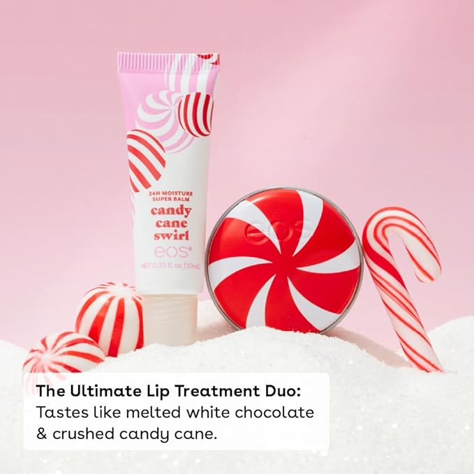 eos Holiday Lip Treatment Gift Set- Candy Cane Swirl Lip Scrub & 24H Moisture Super Balm, Limited-Edition Lip Care, Stocking Stuffers, 2-Pack