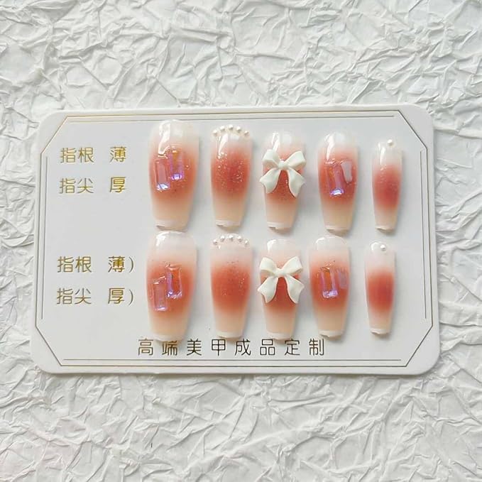 RikView Long Fake Nails Pink Press on Nails with Pearls Coffin Acrylic Nails Glossy Full Cover Nails for Women 24 PCs/Set