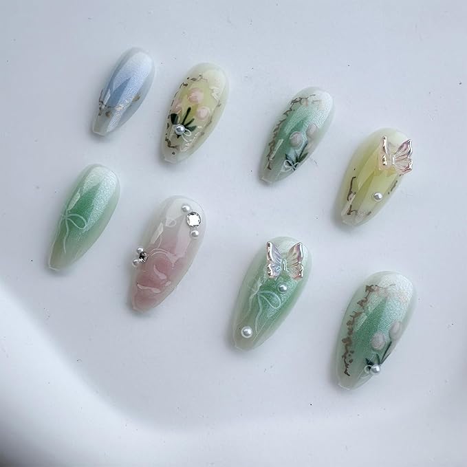 Colorful Press on Nails Medium Almond Fake Nails with 3D Flower Butterfly Designs Muti Colorful Gradient Acrylic Nails False Nails Stiletto Full Cover Glossy Stick on Nails for Women 24Pcs