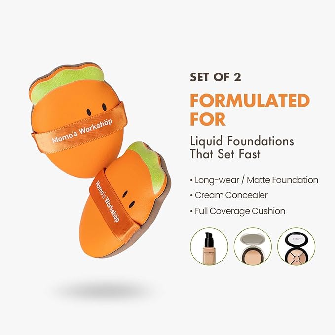 Momo’s Workshop Carrot Makeup Sponge – Dual-Use PU Beauty Sponge with Lychee Leather Handle, 16mm Hydrophilic Sponge for Foundation Coverage, Dry/Wet Application,2pcs with Case