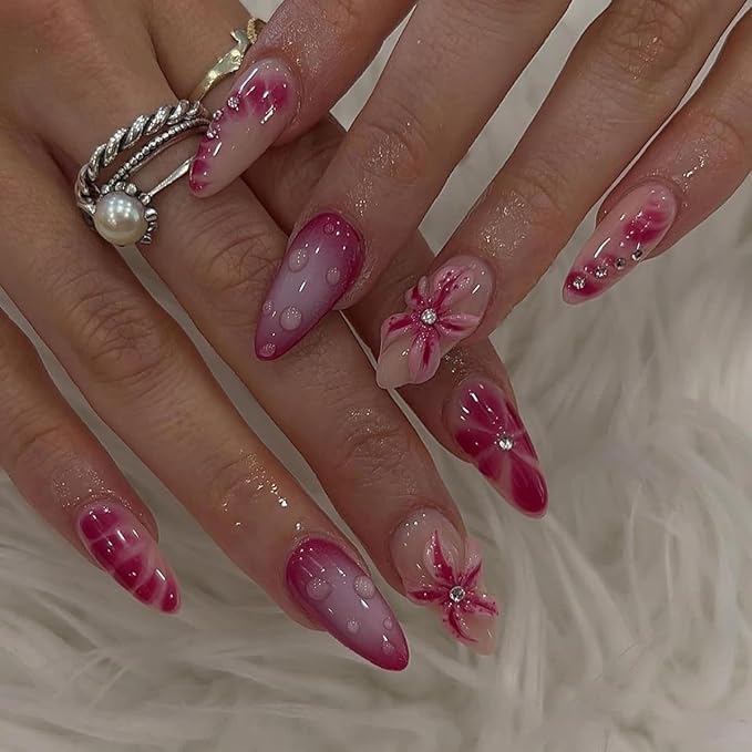 24Pcs Flower Press on Nails Medium Almond Fake Nails with 3D Spring Floral Rhinestones Design Pink Blooming Ombre Acrylic Nails False Nails Blush Gradient Full Cover Glue on Nails for Women
