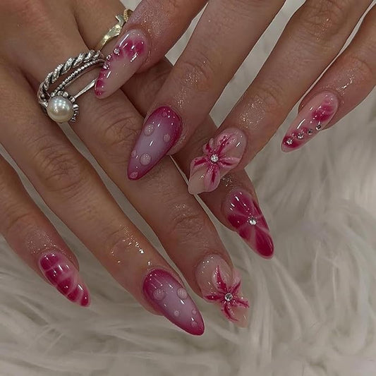 24Pcs Flower Press on Nails Medium Almond Fake Nails with 3D Spring Floral Rhinestones Design Pink Blooming Ombre Acrylic Nails False Nails Blush Gradient Full Cover Glue on Nails for Women