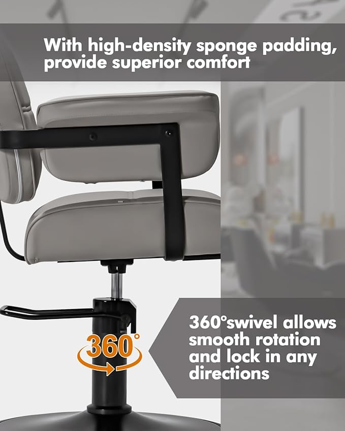 Barber Salon Chair, Extra Wide Hair Styling Chair with Heavy Duty Hydraulic Pump, 360° Swivel Height Adjustable Braiding Design, Luxury Beauty Salon and Barbershop Equipment, Grey